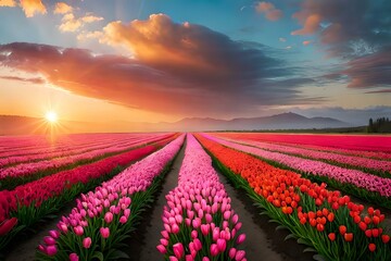 tulip field at sunset