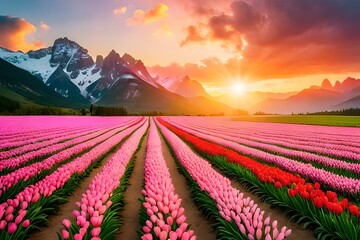 Fototapeta na wymiar tulip field at sunset
