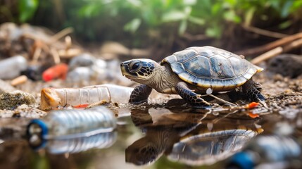 Fototapeta premium Turtle among plastic and garbage pollution in the ocean. Packages and bottles in water. Problems of environmental ecology. Generative AI