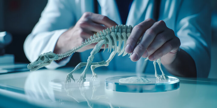 A man is levitating a holographic fossil in a lab. The image showcases the excellence of a paleontology laboratory. Generative AI