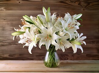 Lilies in a vase on a wooden background created with Generative Al technology