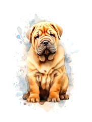 Cute Shar Pei dog on white background in watercolor style. Generative AI.