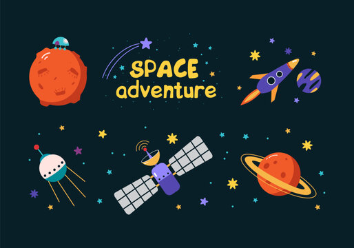 Space Adventure with Sputnik or Satellite Exploring Galaxy, Moon and Rocket Vector Set