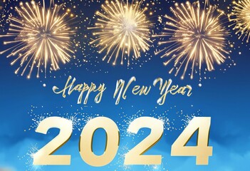 Obraz na płótnie Canvas Happy New Year 2024. Beautiful holiday web banner or flyer with Golden firework and sparkling number 2024 on night blue sky background. generative ai