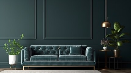 Mock-up frame in dark green home interior with sofa, fur, table and branch in vase