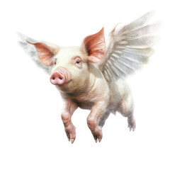 a cheeky Pig with wings, flying, fantasy, Humor-themed, photorealistic illustrations in a PNG, cutout, and isolated. Generative AI