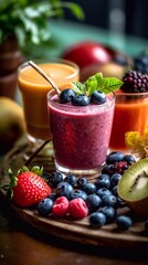 Glasses with Healthy fruit and berries smoothies on wooden tray, ai generation