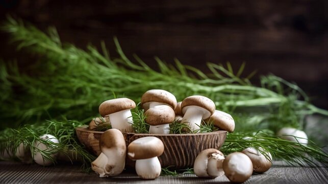 Fresh mashrooms and grass on wooden background. AI generated