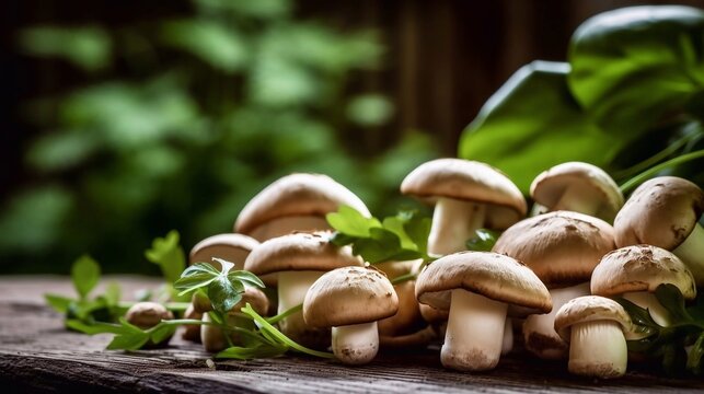 Fresh mashrooms and grass on wooden background. AI generated