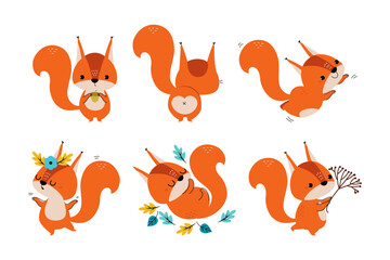 Cute Red Squirrel with Bushy Tail Vector Illustration Set © topvectors