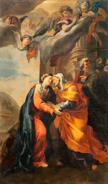 GENOVA, ITALY - MARCH 8, 2023: The painting of Visitation in the church Basilica della Santissima Annunziata del Vastato by Andrea Carlone (1639 - 1697).