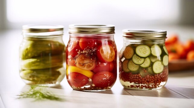 Assorted of pickled tomatoes and cucumbers in jars on a white background. Top view. AI generation