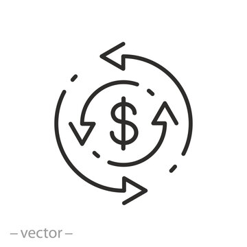 dollar exchange icon, recycle money, cash back concept, line symbol on white background - editable stroke vector illustration eps10