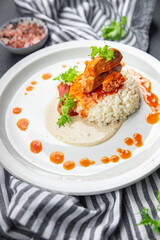 chicken curry meat tomato sauce rice meal food snack on the table copy space food background rustic top view