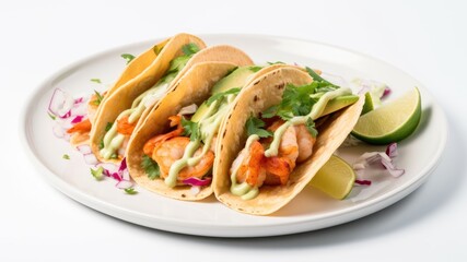 A plate of grilled shrimp tacos with avocado and lime crema on White Background with copy space for your text created with generative AI technology