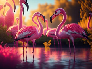 Pink flamingo nature light back sun ligh. ai generative