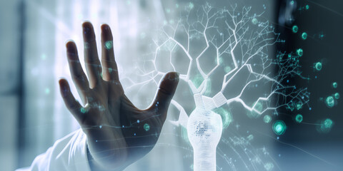 Captivating image of a hand engaging with a virtual linguistic tree, symbolizing innovation and excellence in linguistics, ideal for labs and researchers. Generative AI - obrazy, fototapety, plakaty