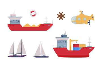 Barge, Yacht, Submarine and Steering Wheel Vector Illustration Set