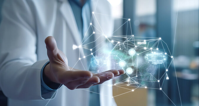 Captivating sociologist expertly interacting with a holographic virtual social network graph in a cutting-edge sociology lab, evoking innovation and deep human connections. Generative AI