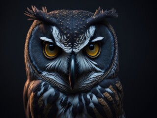 Beautiful owls face on black background. ai generative