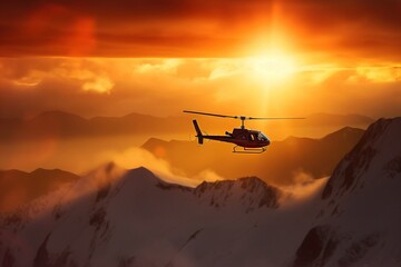 Fototapeta na wymiar Helicopter at snowy mountains on sunset. Helicopter skiing at Alaskan mountains. Helicopter aerial view. Snowy mountains. Helicopter at sky mountains in the background.