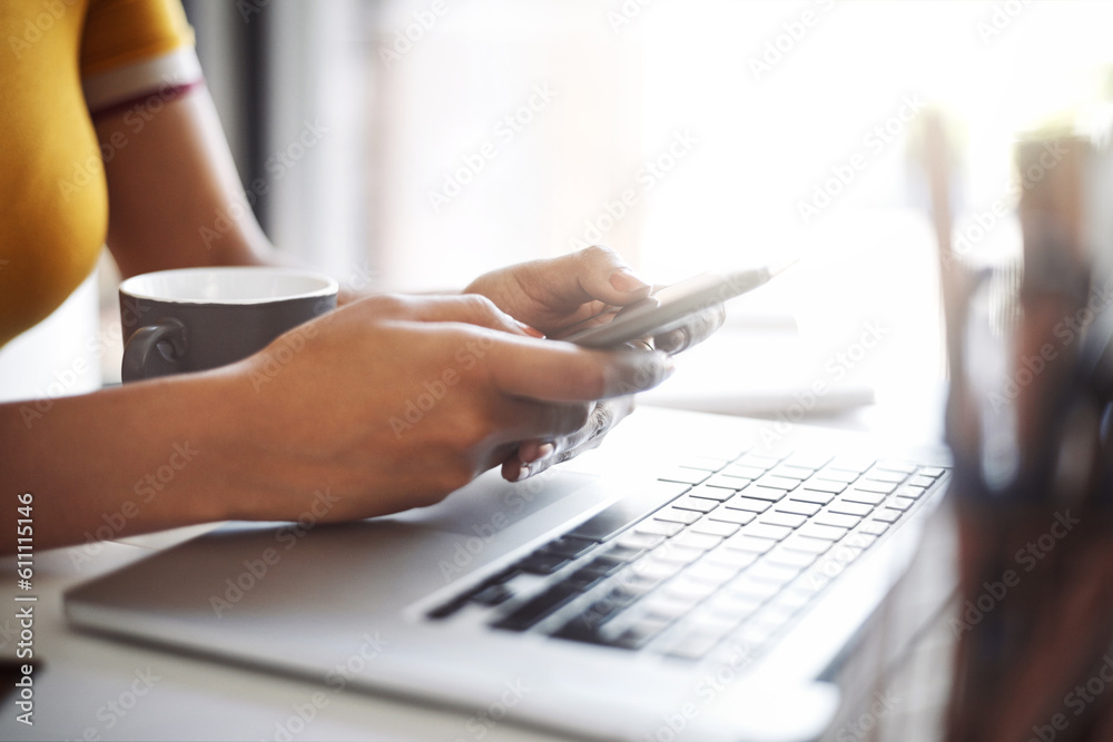 Aufkleber Woman, hands and phone at a laptop desk for work networking and employee typing. Female worker, table and social network app with mobile communication and text for professional and web connection