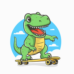 Vector Happy and Smiling Dinosaur. Cartoon Green Dinosaur Tyrannosaurus Rex, Tyrex with Outline on Skateboard, Design Template, Skater Dinosaur. Funny Print, T-shirt Design for Kids