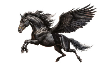 a majestic Pegasus, Black horse with wings, flying, fantasy, Mythology-themed, photorealistic illustrations in a PNG, cutout, and isolated. Generative AI