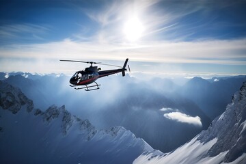 Naklejka na ściany i meble Helicopter at snowy mountains. Helicopter skiing at Alaskan mountains. Helicopter aerial view. Snowy mountains. Helicopter at sky mountains in the background.