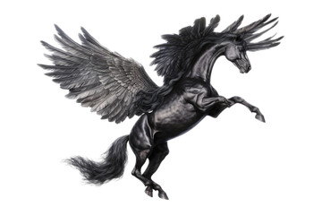 a majestic Pegasus, Black horse with wings, flying, fantasy, Mythology-themed, photorealistic illustrations in a PNG, cutout, and isolated. Generative AI