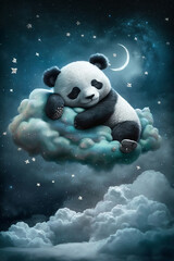 Adorable baby panda animal sleeping on fluffy clouds. Generative ai