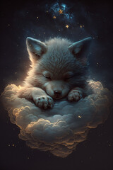 Adorable baby wolf animal sleeping on fluffy clouds. Generative ai