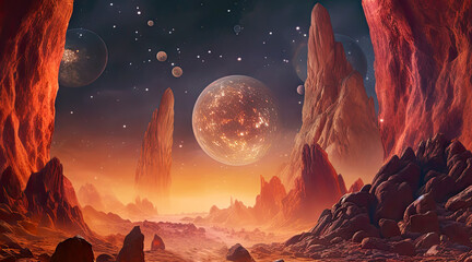 An alien planet landscape in a different Galaxy. Sci-fi Background. Generative AI