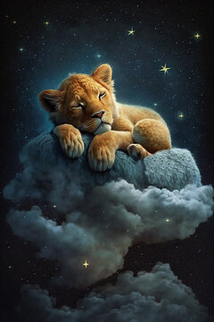 Adorable baby lion  animal sleeping on fluffy clouds. Generative ai
