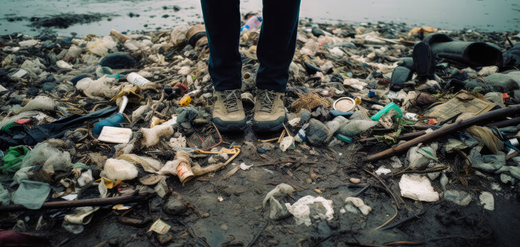 Stunning image capturing feet beside a pile of trash in natural surroundings, evoking emotions about human negligence and the negative impact of tourism on the environment. Generative AI