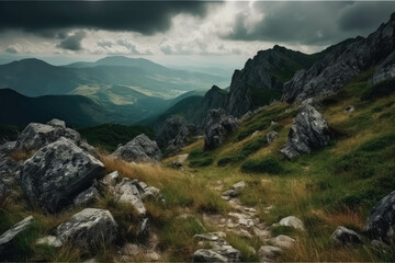Fototapeta na wymiar landscape with mountains, clouds and rocks. Generative AI