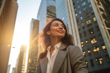 Happy wealthy rich successful hispanic businesswoman standing in big city modern skyscrapers street on sunset thinking of successful vision, dreaming of new investment opportunities. Generative AI
