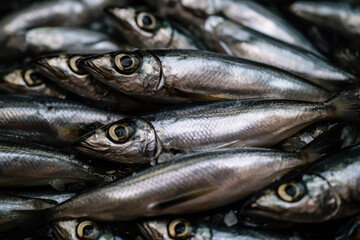 Obraz premium Heap of fresh Mediterranean sardines for sale on the stall of a fisherman at the market, full frame background, selected focus. Generative AI