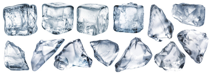 Set of ice cubes and broken pieces of ice isolated on a white background.
