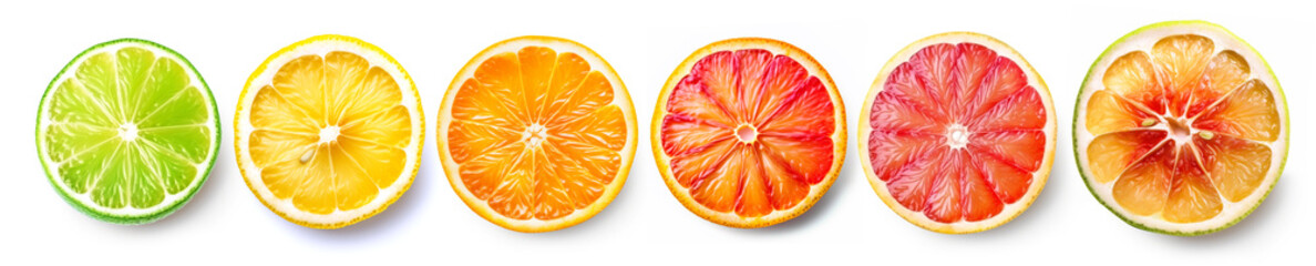 Set of cut citrus fruits: lime, lemon, orange, blood orange, grapefruit, pomelo isolated on white background.