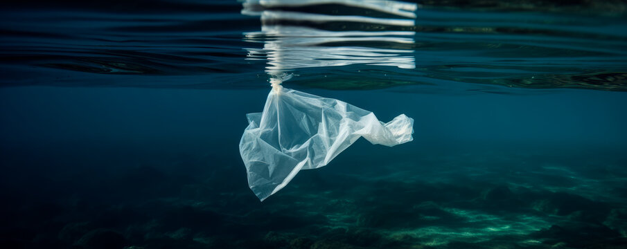 Stunning portrayal of a plastic bag discarded by a careless tourist, floating in pristine waters - an emotional reminder of the negative impact on marine life. Generative AI