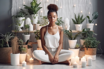Young black woman sitting on the floor and meditating  in a beautiful room in her home - obrazy, fototapety, plakaty