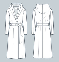 Robe Coat technical fashion Illustration. Hooded long Coat, Outerwear fashion flat technical drawing template, long sleeve, pockets, front and back view, white, women, men, unisex CAD mockup.