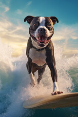cooler fröhlicher Staffordshire Bullterrier Hund beim surfen auf einem Surfboard im Meer mit großen Wellen in Action. Hochformat. Hochkant. Generative Ai.