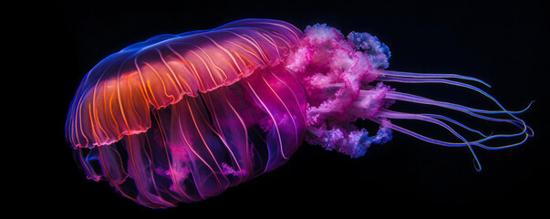 Captivating close-up of a neon pink jellyfish, strikingly detailed body and tentacles against the deep blue water, evoking wonder and mysterious beauty. Generative AI