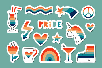 Pride stickers set with LGBT rainbow symbols. Gay and queer elements: unicorn, cocktail, flower, heart, stars. Flat vector illustration set.