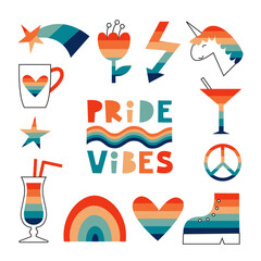 Pride elements collection. Rainbow flag symbols. Flower, unicorn, heart, peace, star in vintage retro colors. Vector flat illustration set.