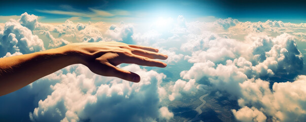 Captivating image of a man's hand reaching through clouds, evoking emotions of hope and freedom. Perfect for inspiring designs and powerful messages. Get it now! Generative AI