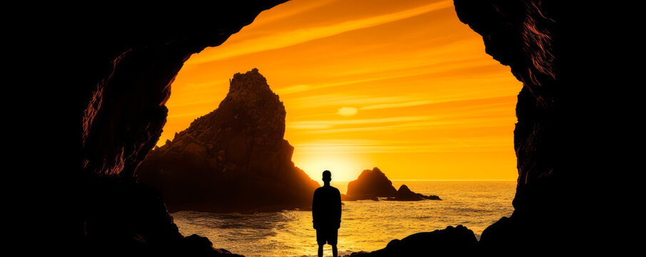 A man contemplates a glowing sunset through a natural arch in a cave. This image is associated with the journey and the moments of wonder that accompany it. Generative AI