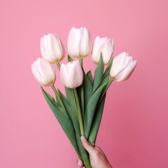 Bouquet of white tulips in hand on a pink background. High quality photo